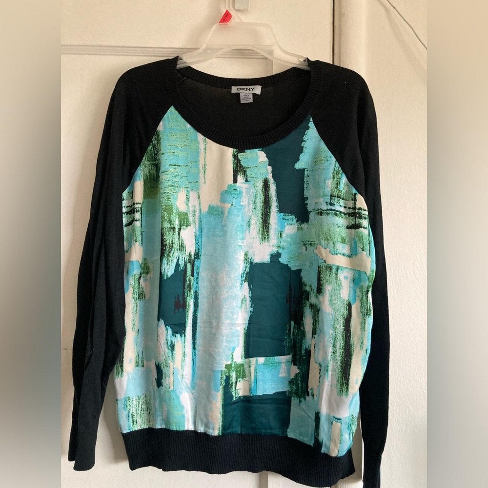 DKNY Black and Teal Abstract Print Sweater